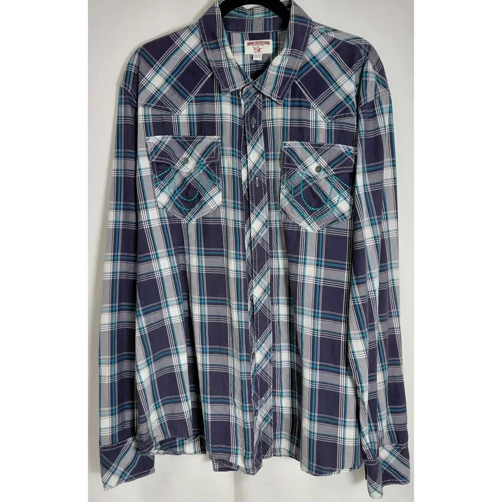 True Religion Brand Plaid Relaxed Fit Western Button-Up Shirt Men Size 2XL